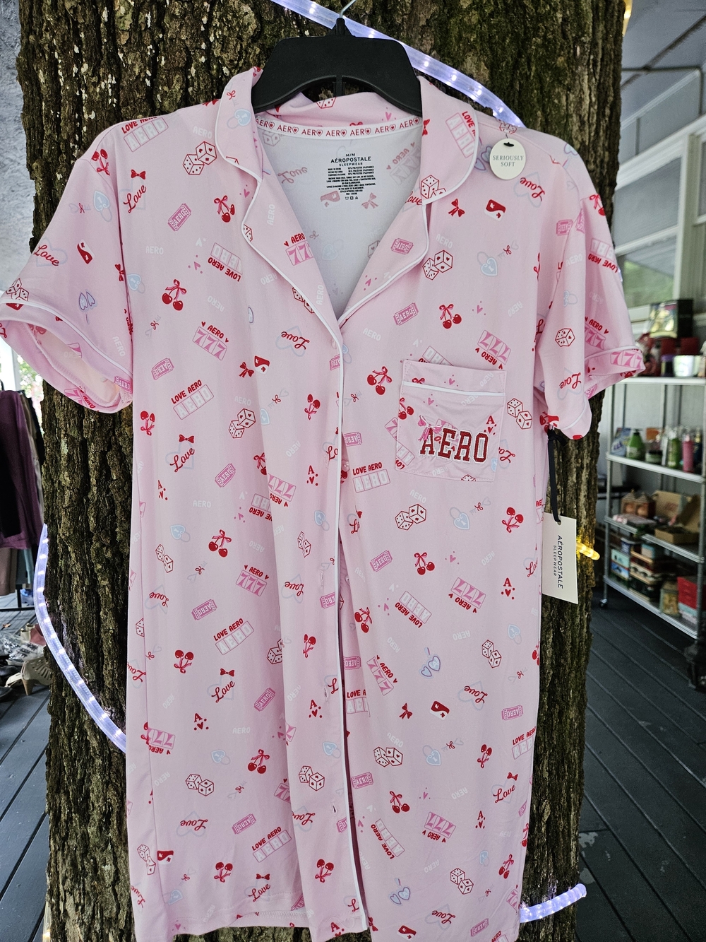 Aéropostale Pink Short-Sleeve Button Pajama Top with Red Print